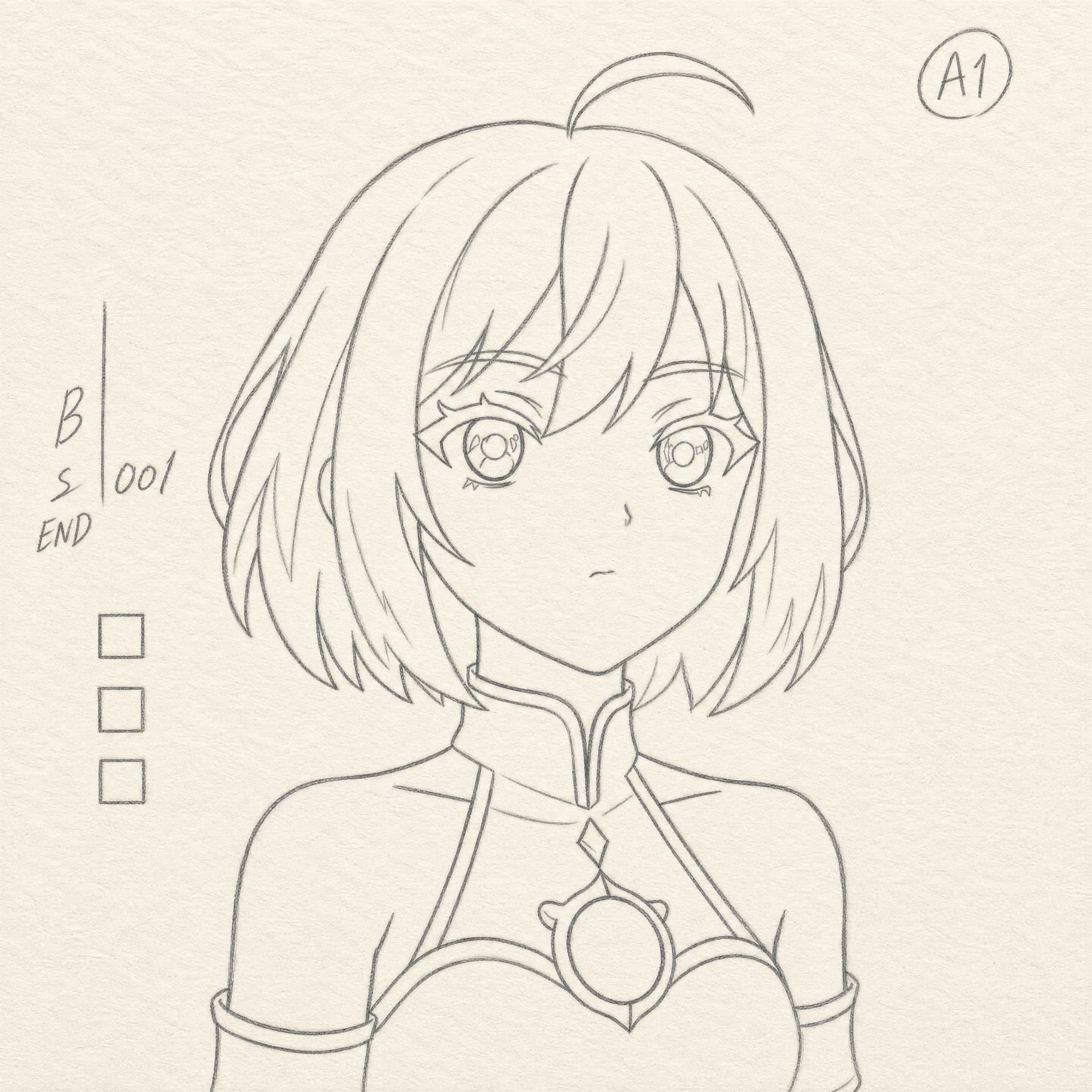 Original animation genga portrait with production annotations