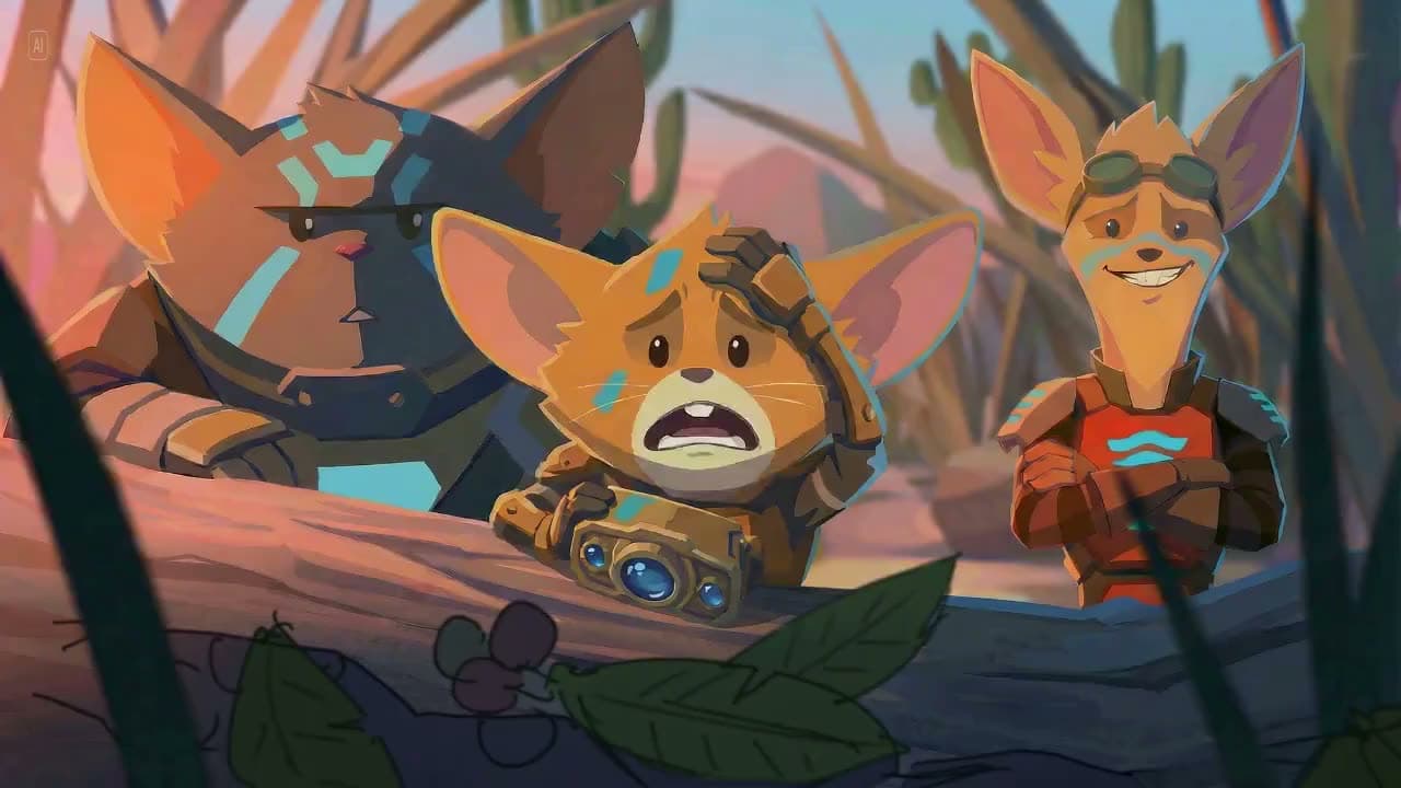 Finished Mech Mice frame — the three mice peering over a log in desert brush