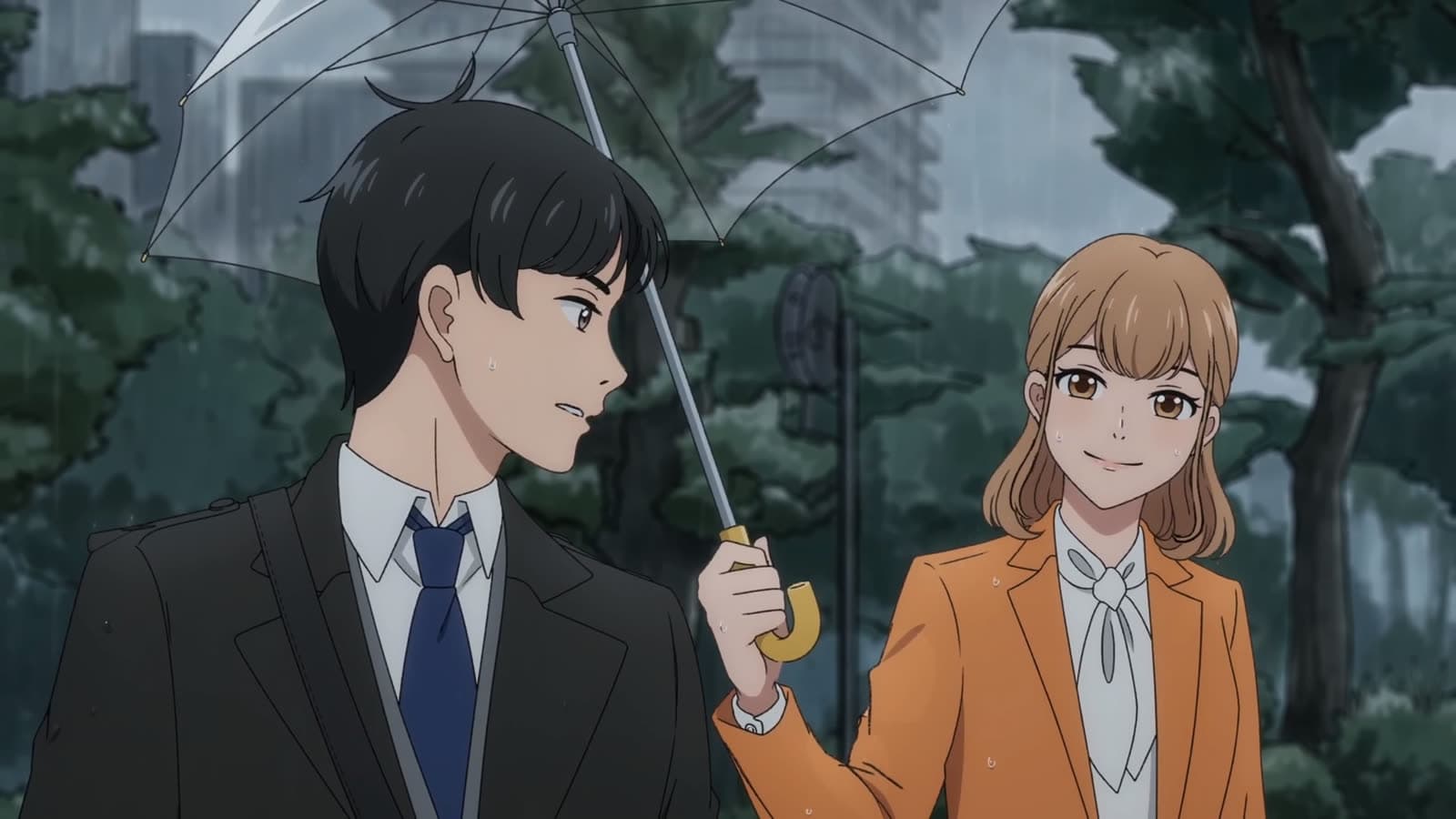 A Rainy Day finale still — two commuters sharing an umbrella in the rain