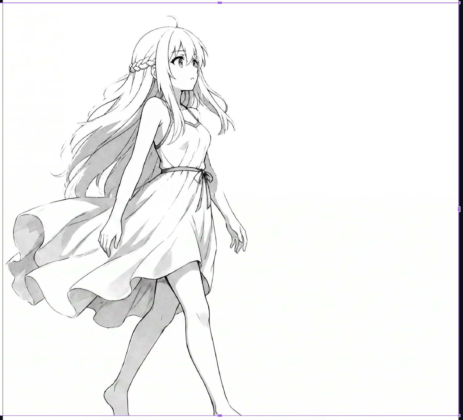 The finished full-body line drawing, filled to the sketch