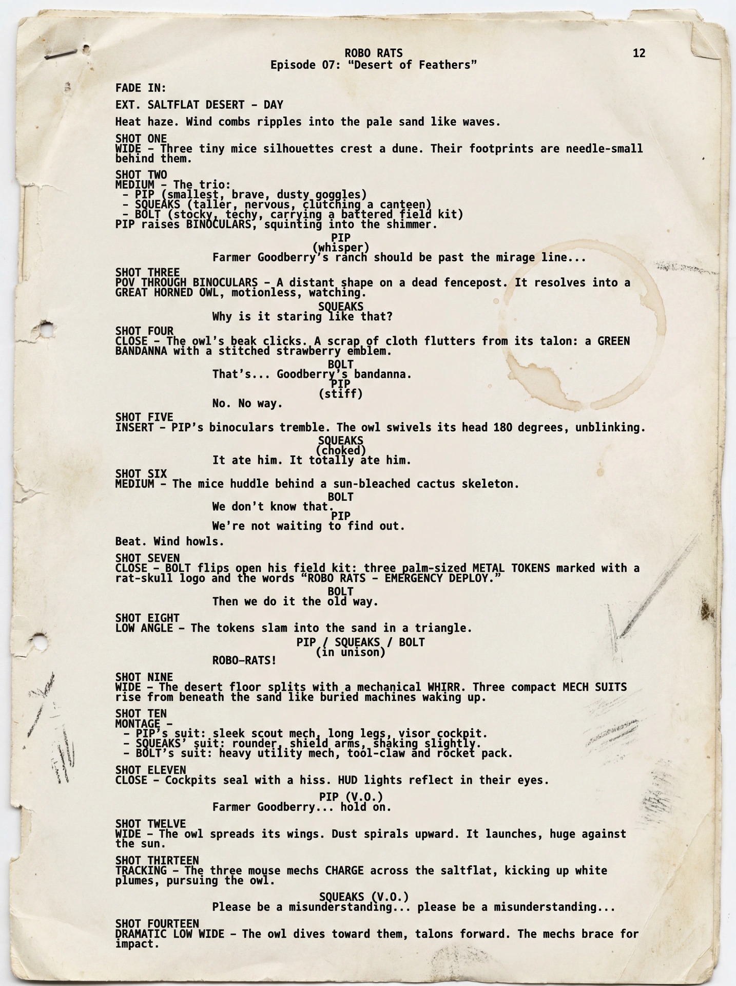 A page of the screenplay for Robo Rats episode 07