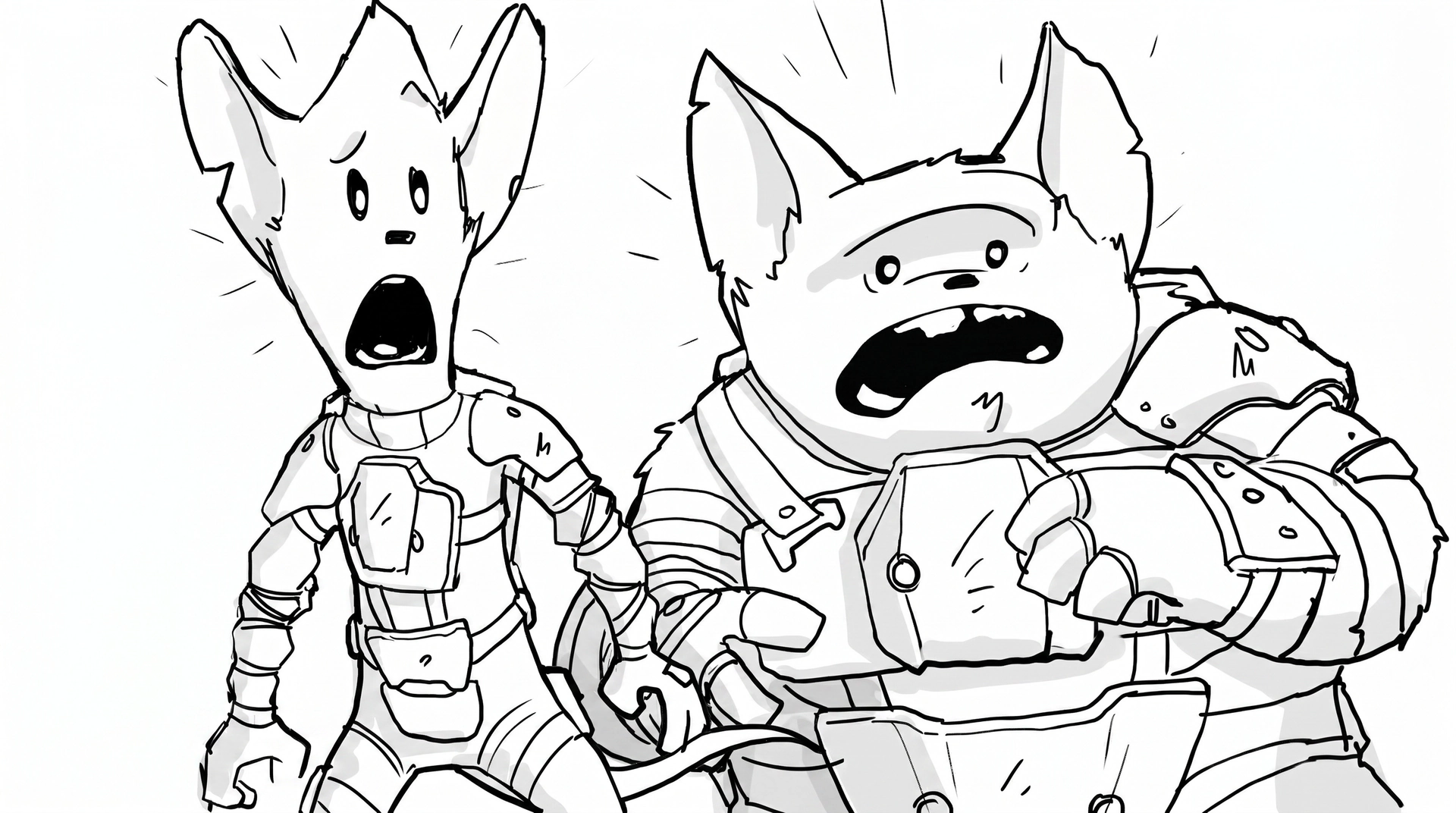 Rough sketched storyboard — two armoured characters reacting in line art