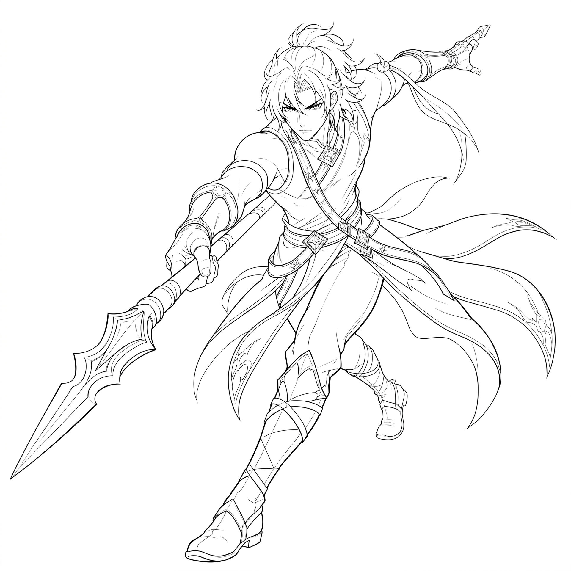 The line art to be colored — the spear warrior mid-lunge, drawn in clean line
