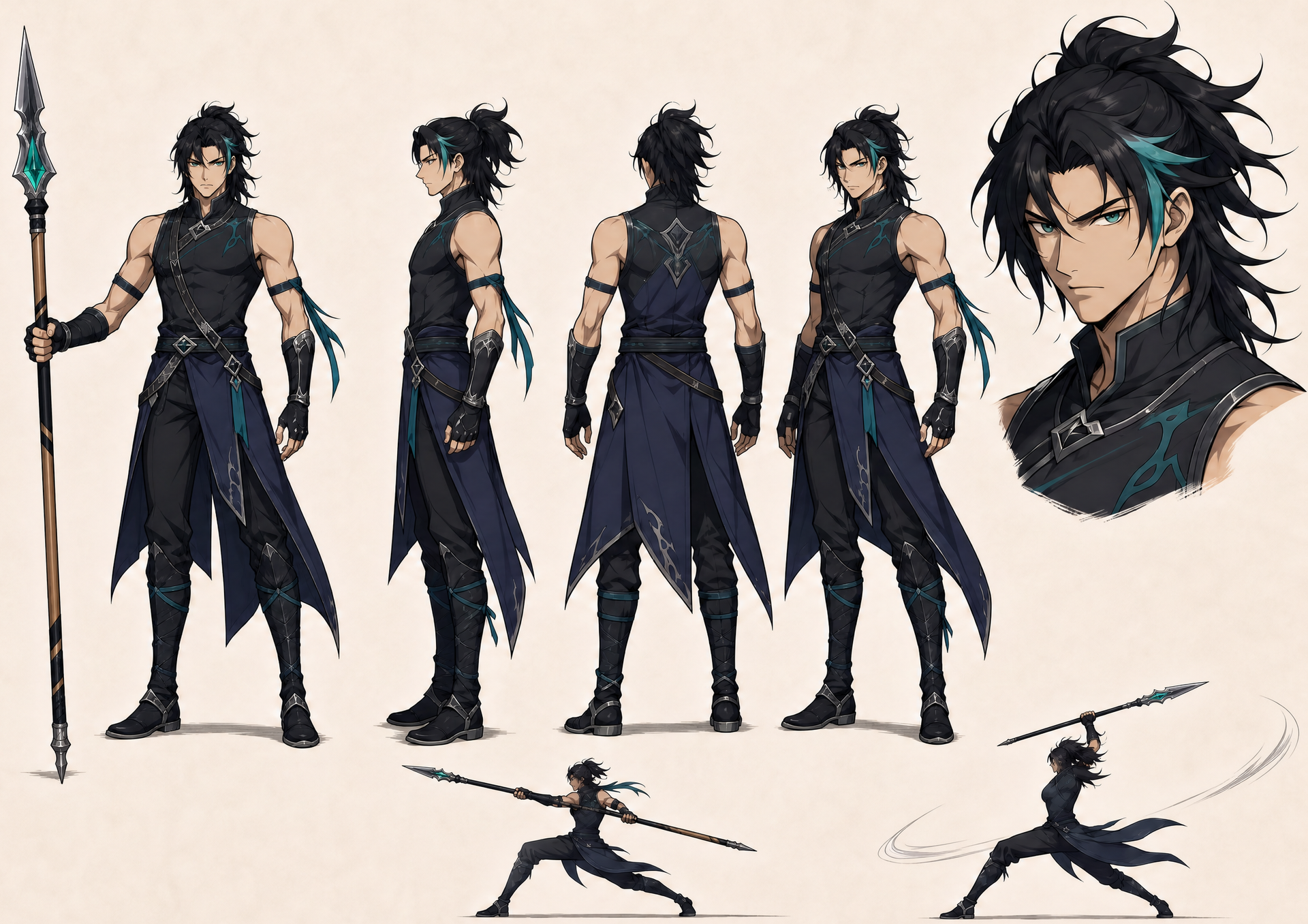 The color reference — the spear warrior's model sheet, on model and in color