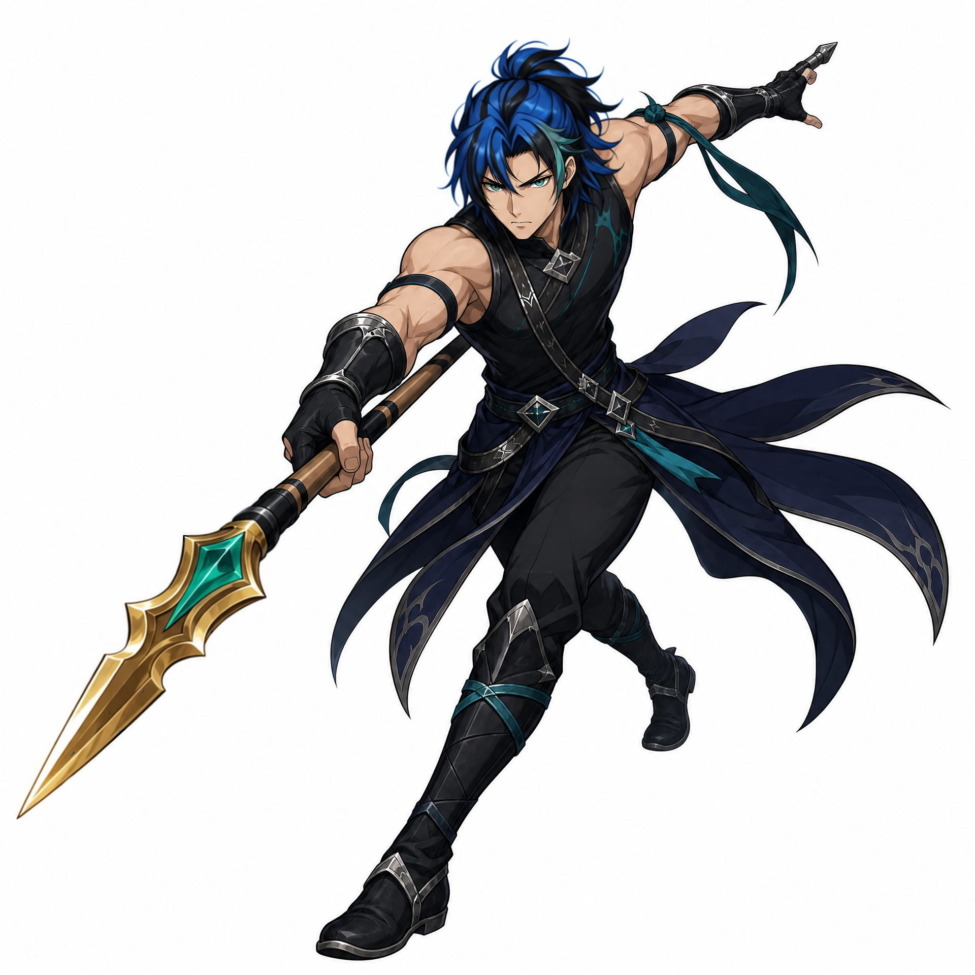 After — the same drawing with blue-streaked hair and a gold spear tip