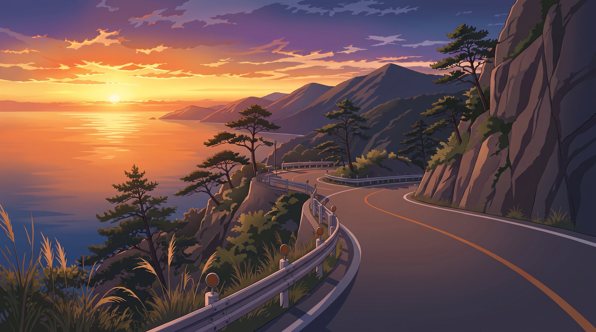 Coastal mountain road at sunset