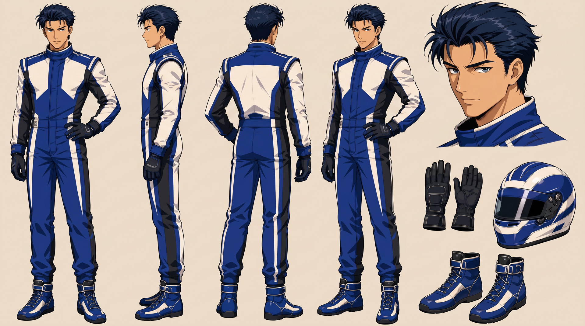 Second driver model sheet in a blue race suit, with helmet, gloves and boots