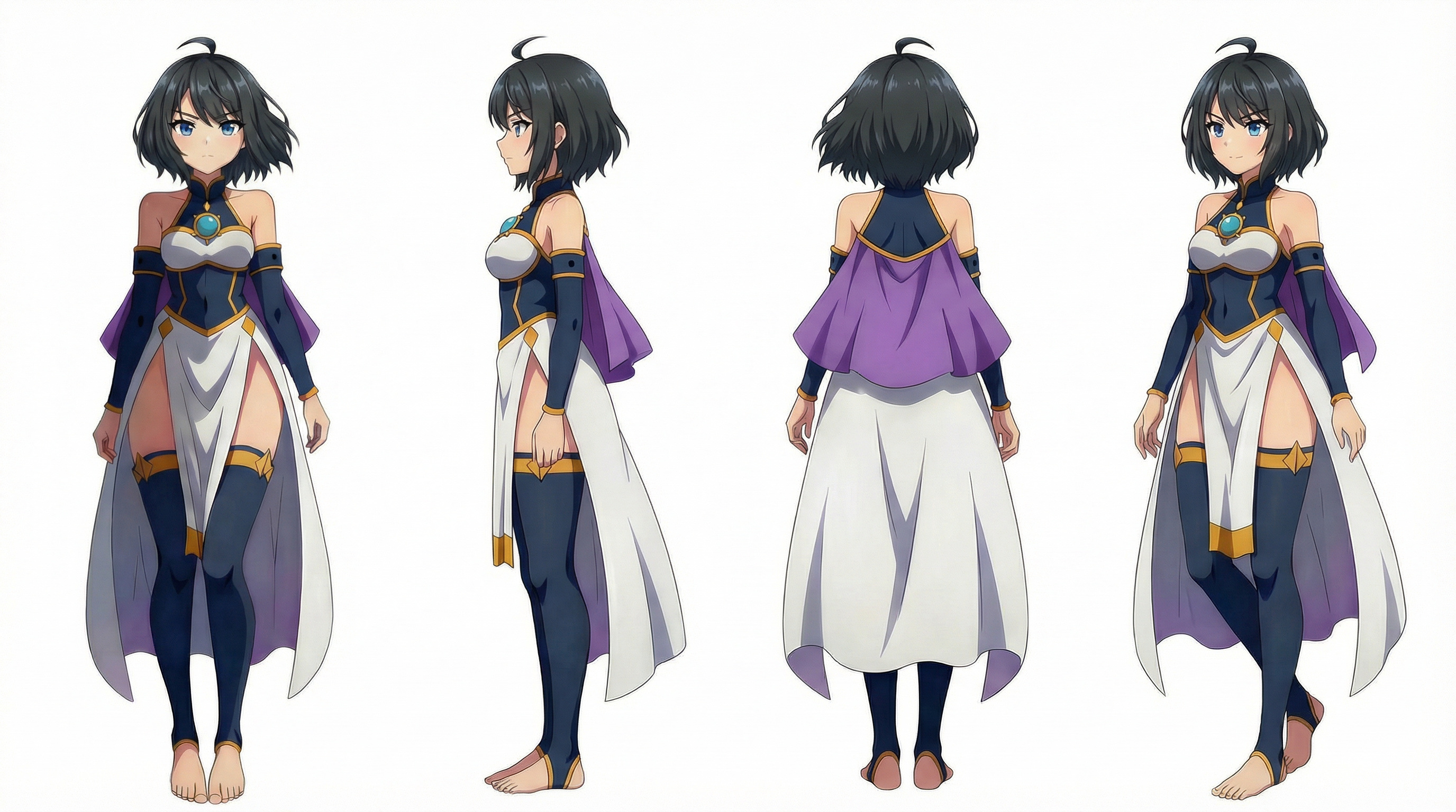 Character model sheet — front, side, back and three-quarter views in colour