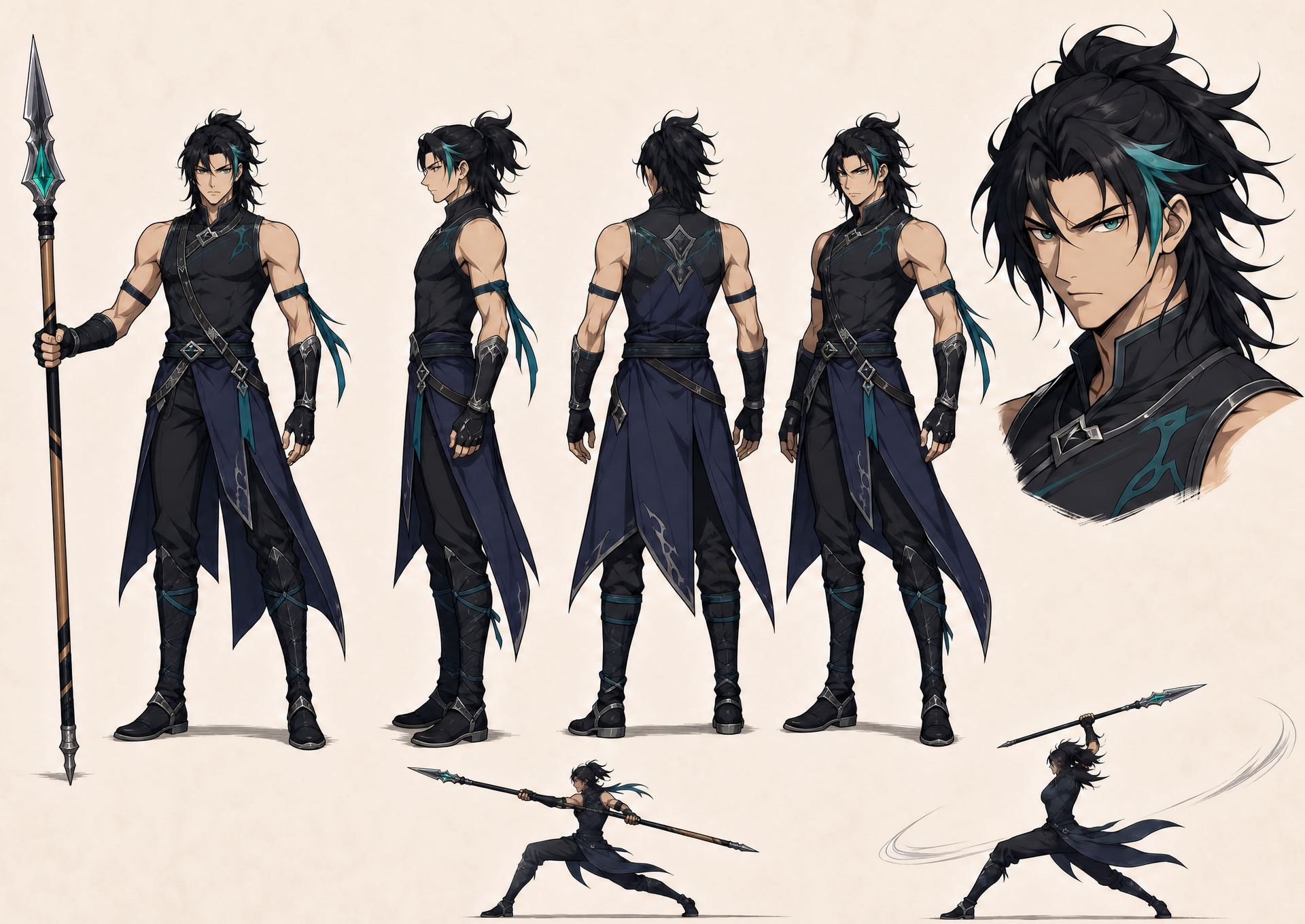 Character model sheet — five views of the spear warrior, a head study and two action poses