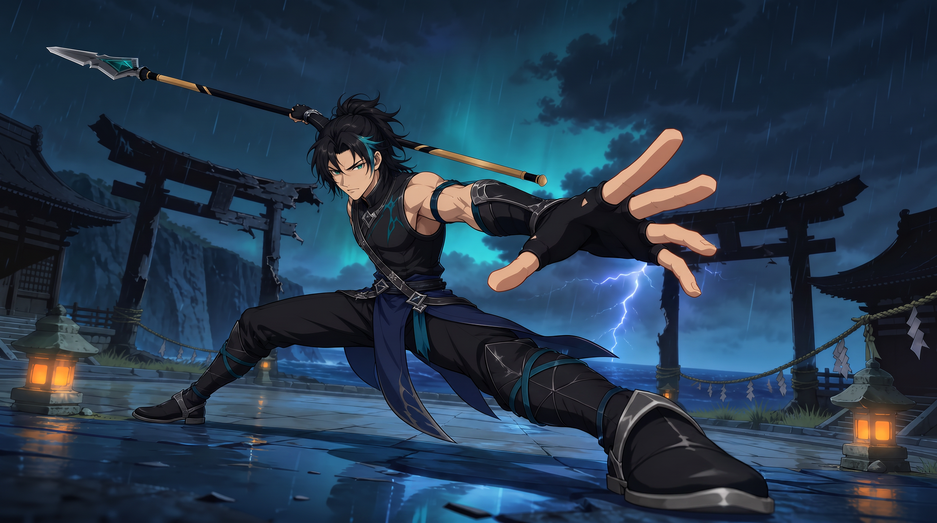 Scene reference — the spear warrior mid-lunge at a storm-lit shrine