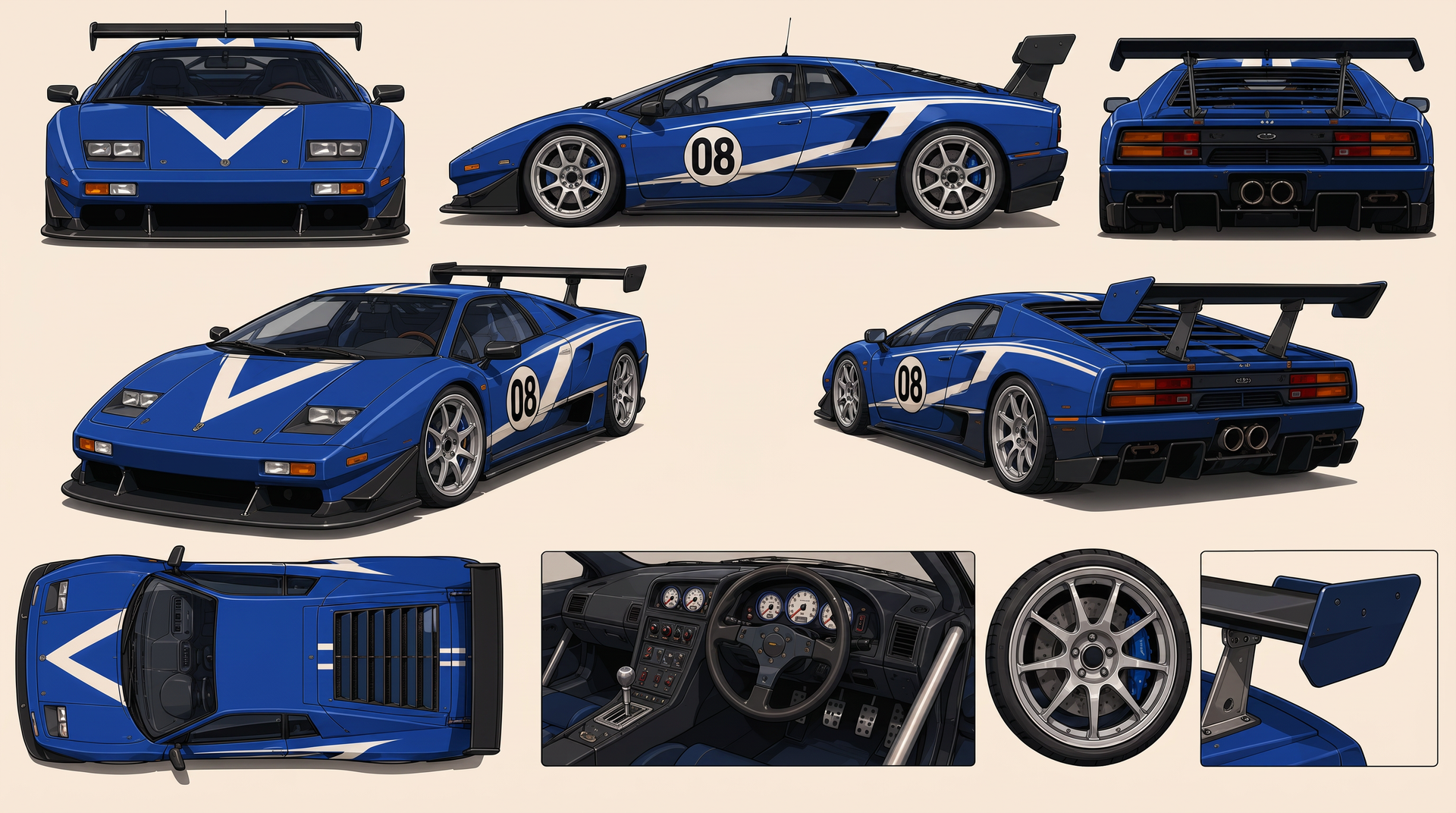 Car 08 turnaround — front, side, rear, top and interior