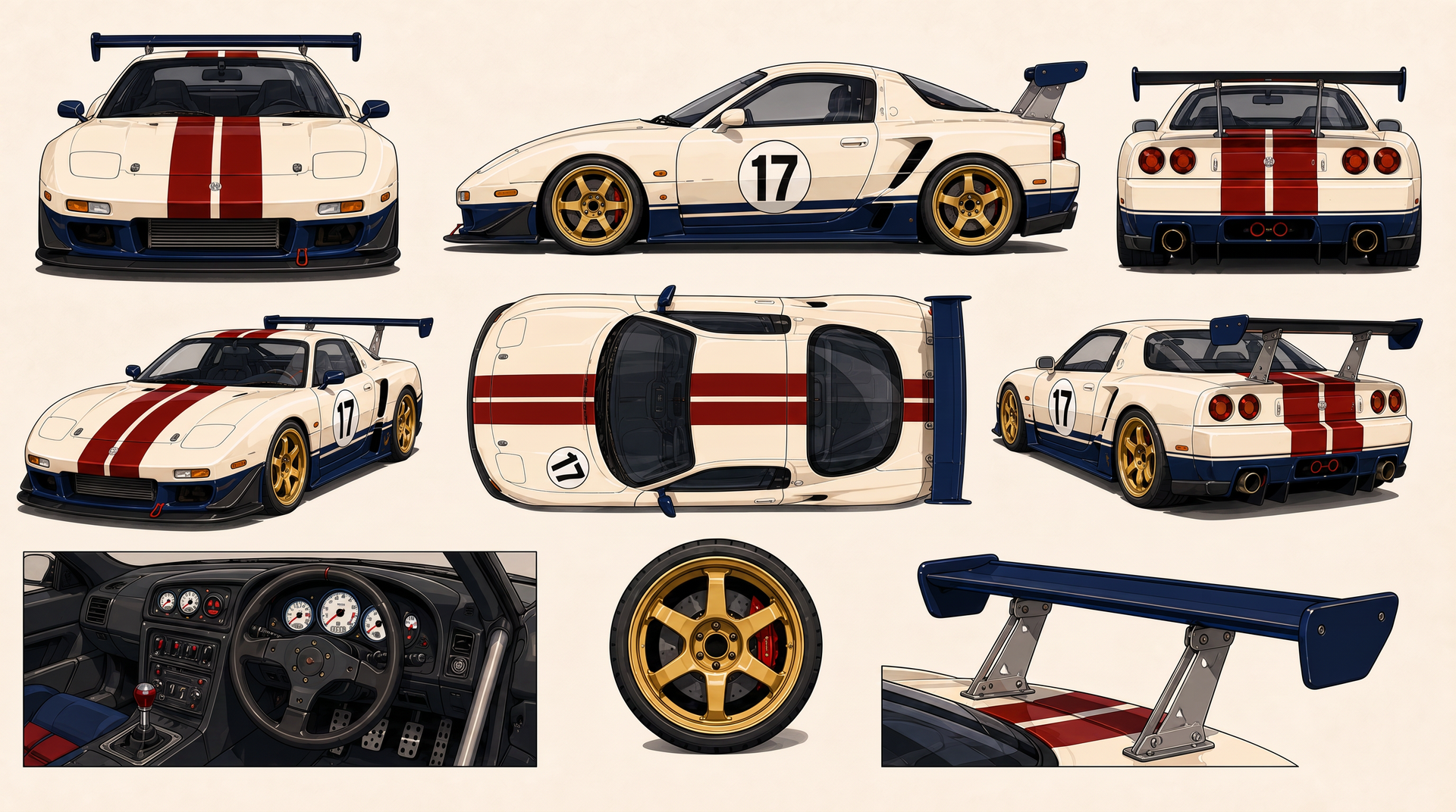 Car 17 turnaround — front, side, rear, top and interior