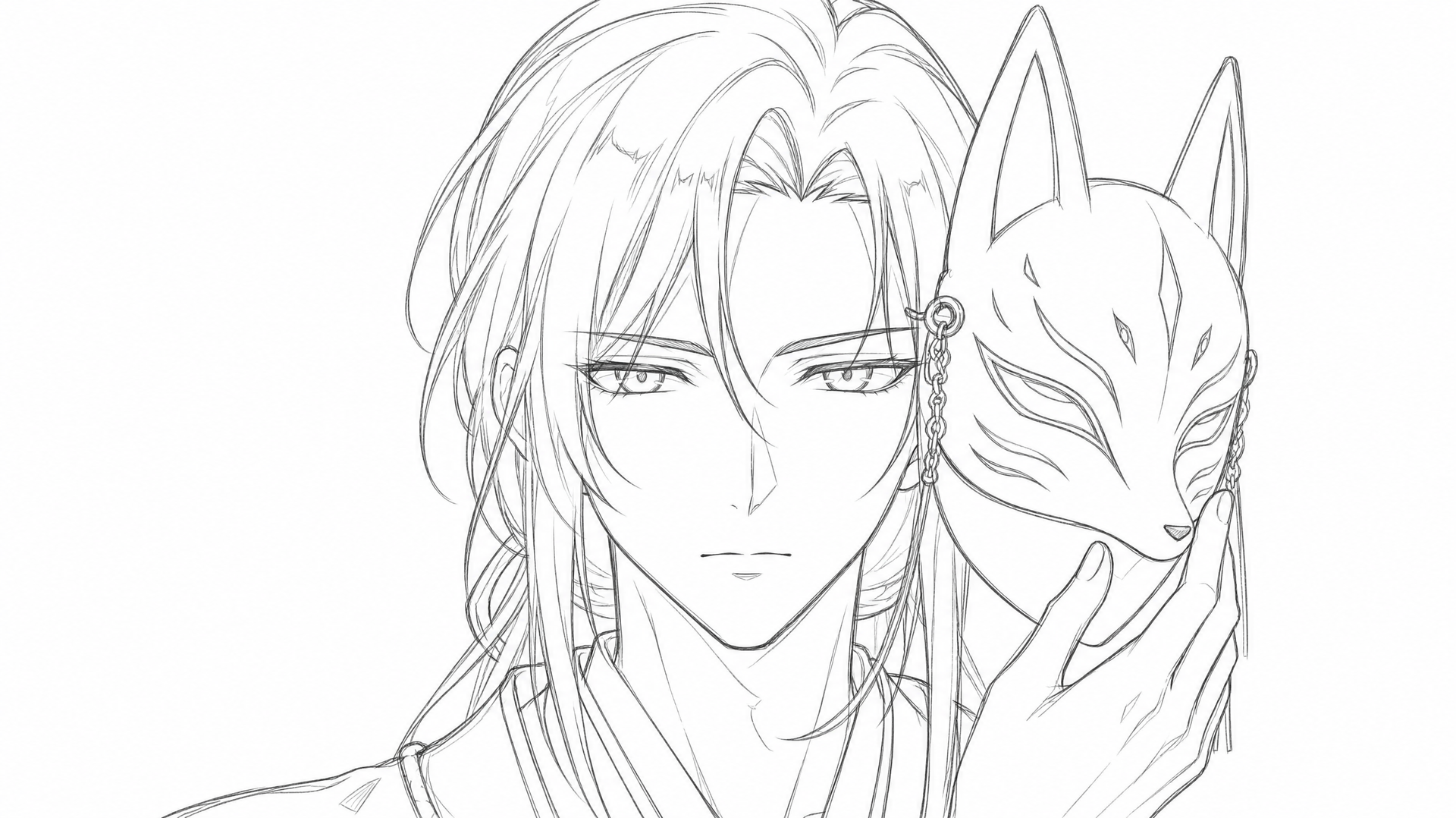 WonderCanvas character key: a kitsune-mask pencil sketch revealed into full color