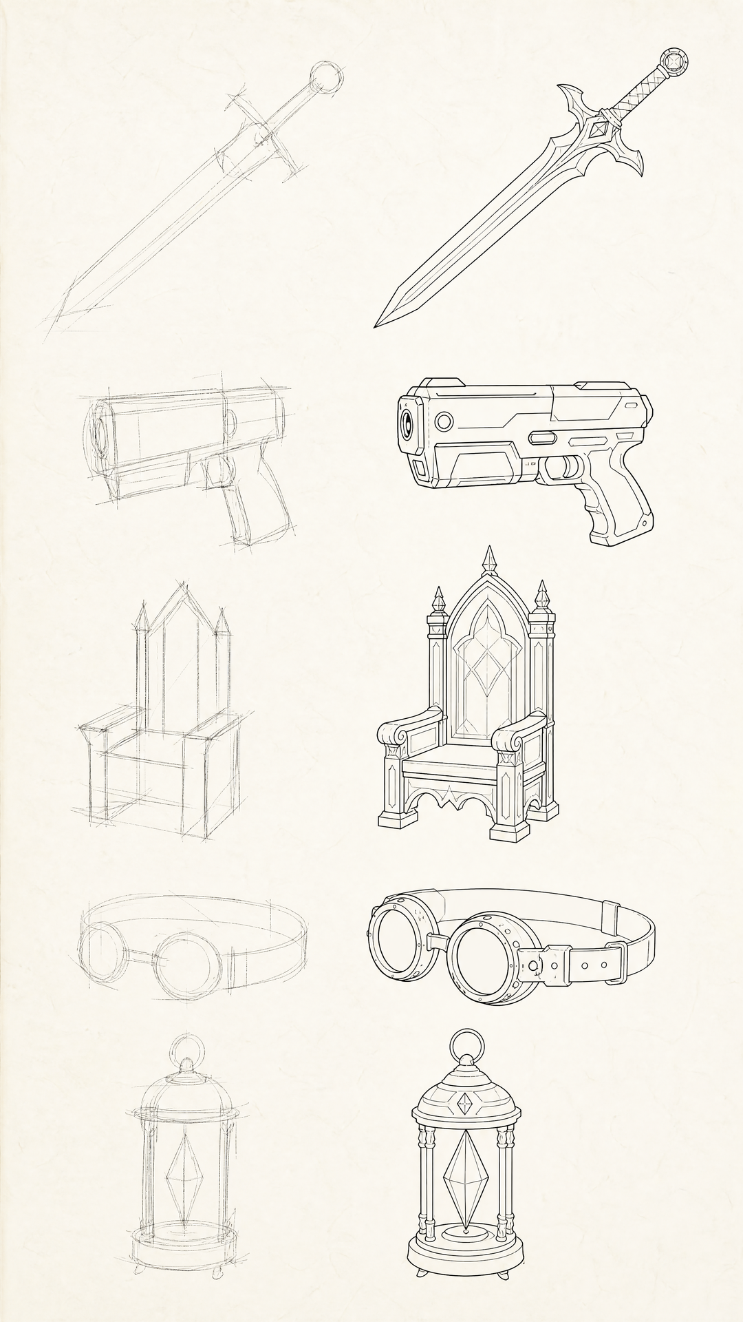 Prop and weapon design sheet — rough sketches beside their Magic Pen line art