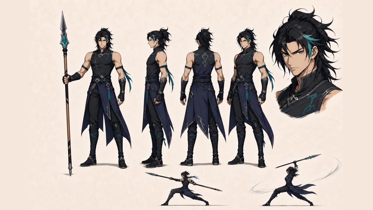A character turnaround and expression sheet, generated on model