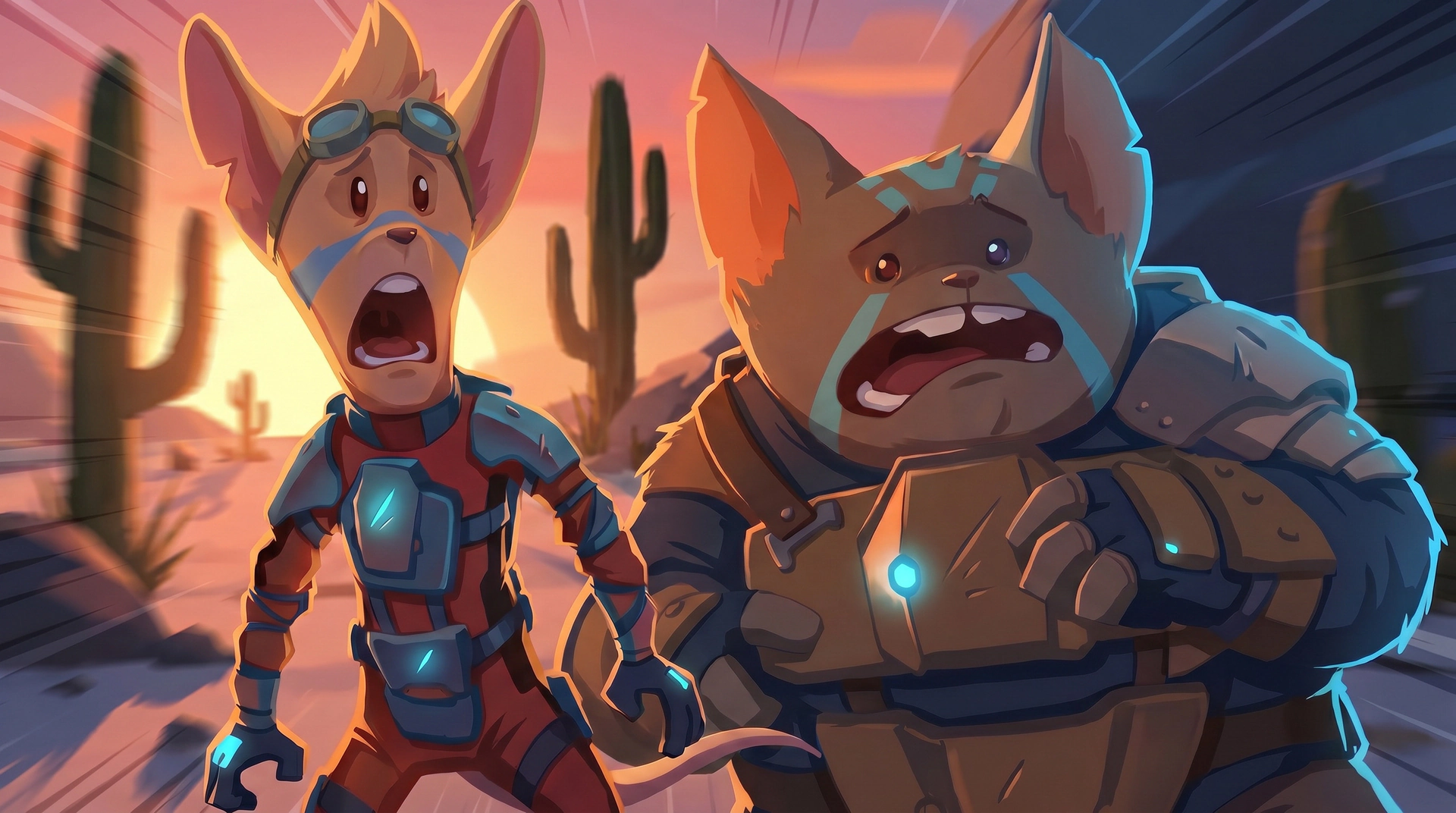 The finished colour board: the two characters running through a sunset desert