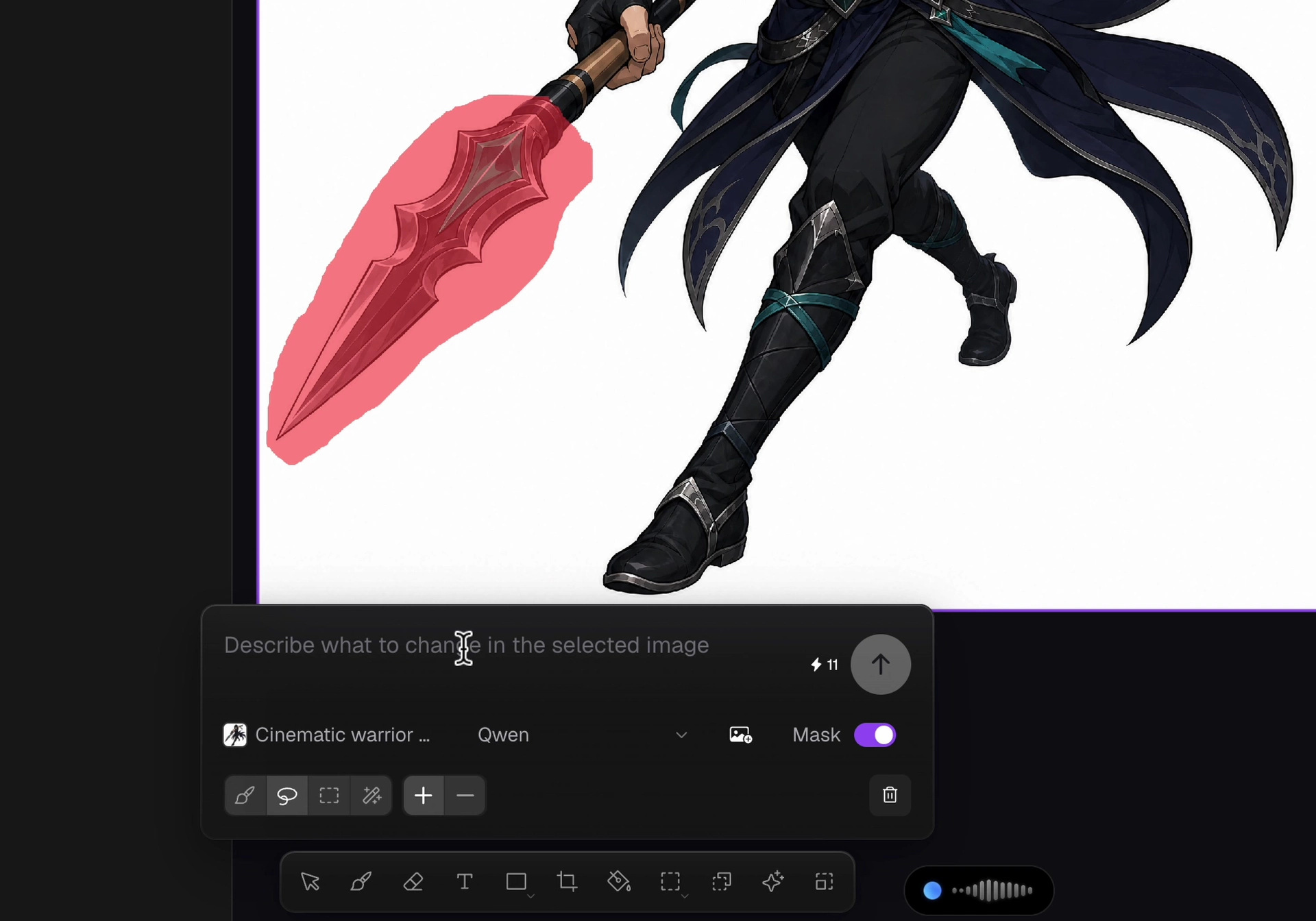 The Composer: a mask painted over the spear, a prompt typed, and the change applied