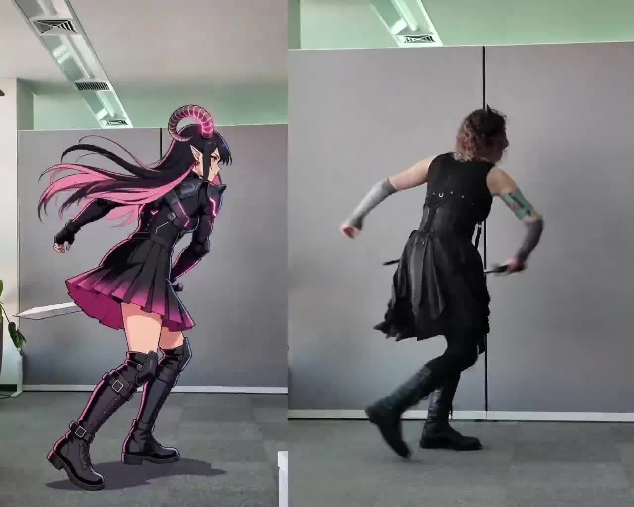 Live-action motion reference beside the animation it drives