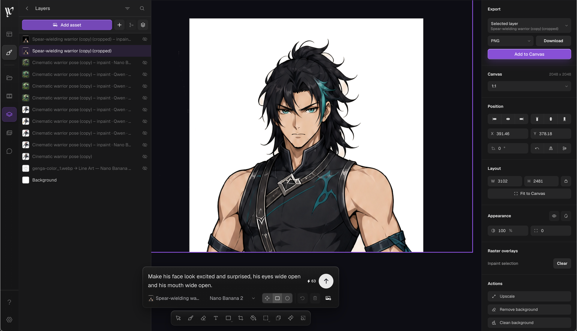 The Composer workspace: a layer stack down the left, the warrior on the canvas, and an in-painting prompt typed below it